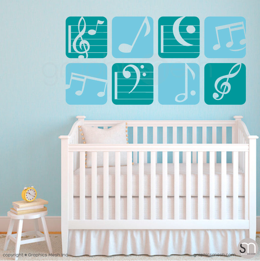 MUSIC NOTES BOXED - Wall Decals teal and blue
