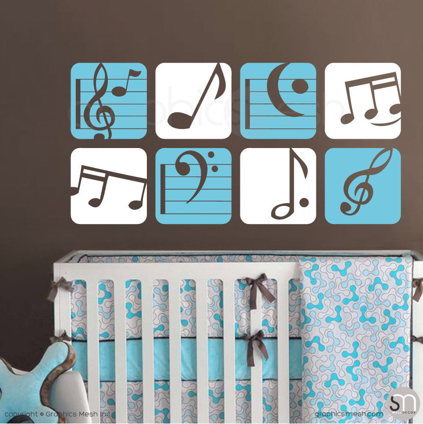 MUSIC NOTES BOXED - Wall Decals sea blue and white