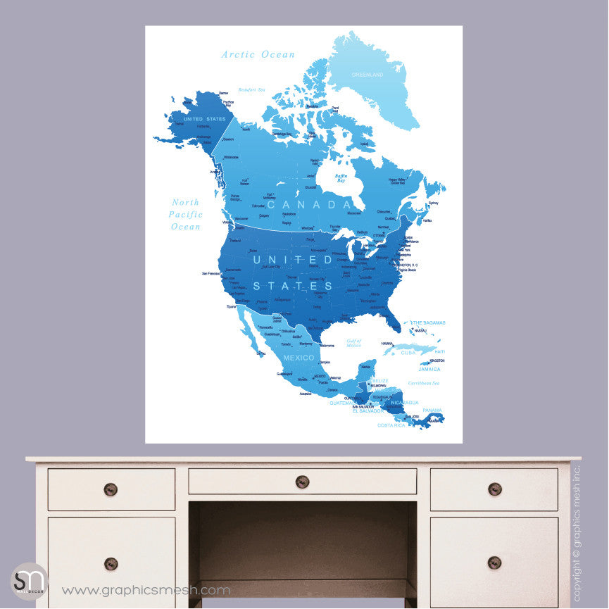 BLUE NORTH AMERICA MAP - DRY ERASE WALL DECAL Large