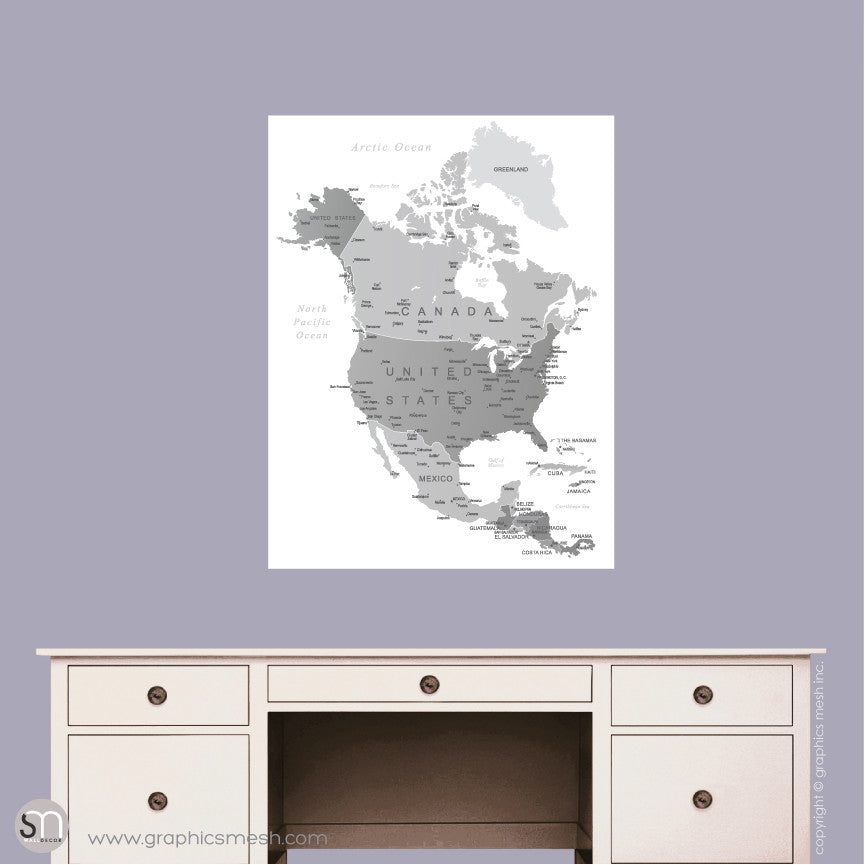 GREY NORTH AMERICA MAP - DRY ERASE WALL DECAL Small