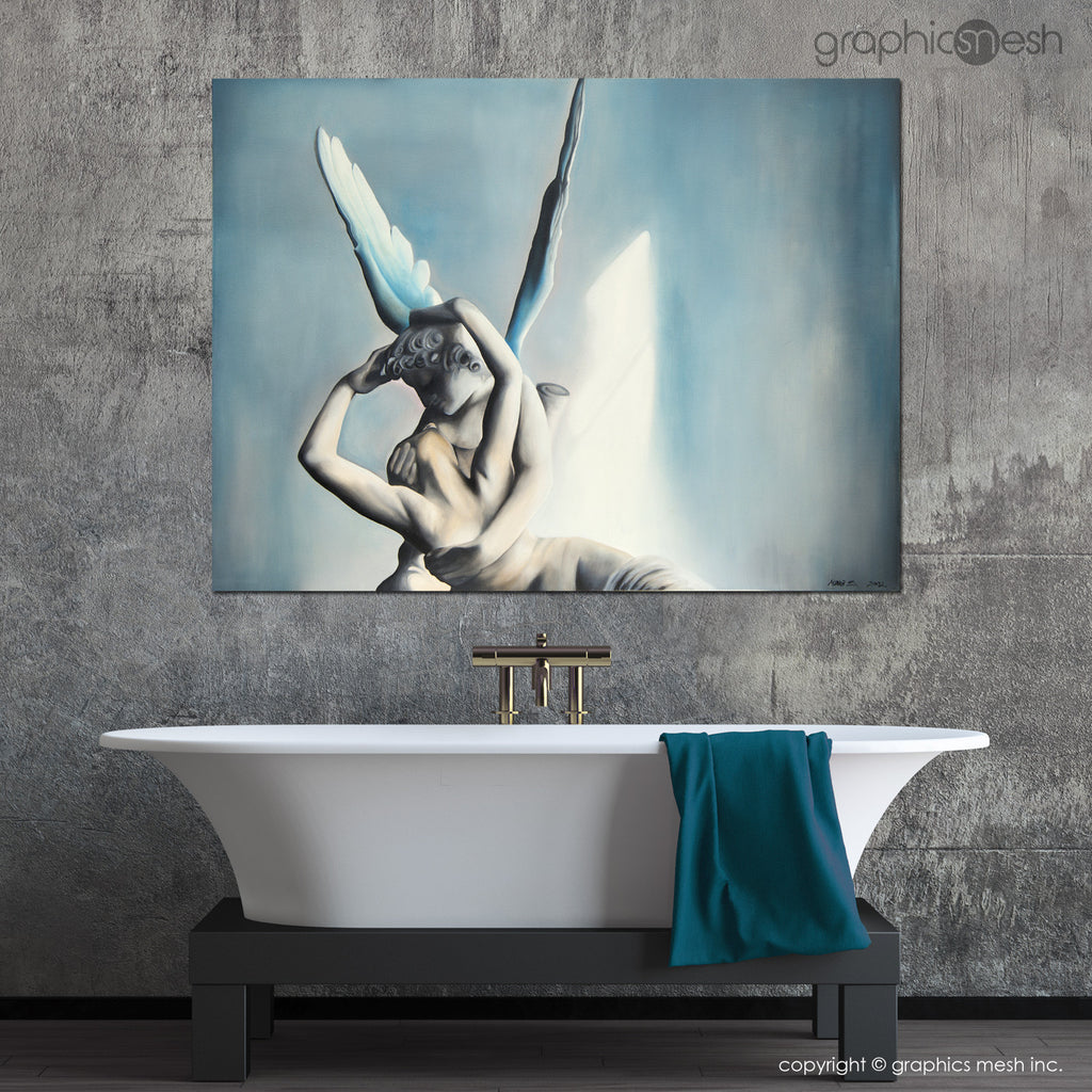 BLUE PSYCHE REVIVED BY CUPIDS KISS - Reproduction of Original Fine Art Painting - Glicee Print in the bathroom