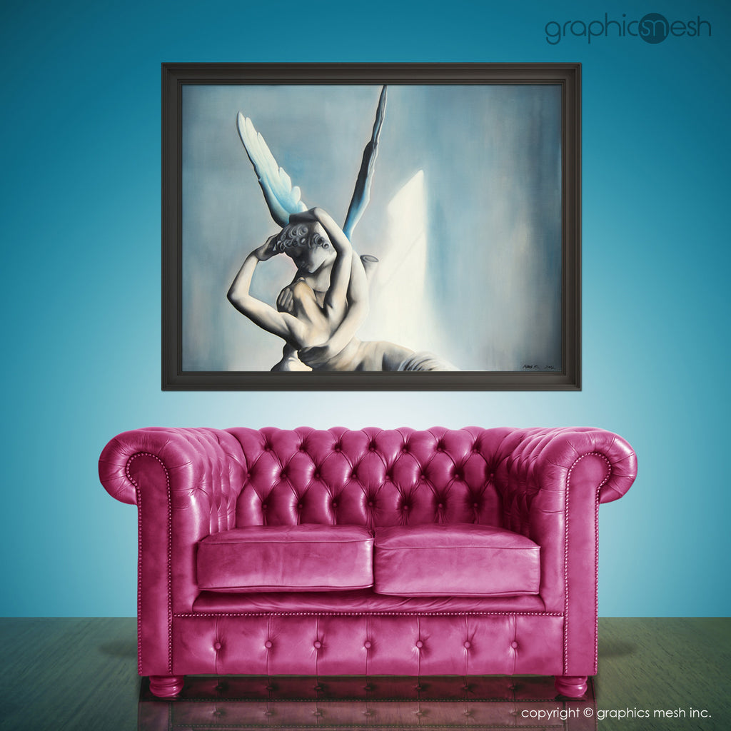 Blue Psyche Revived by Cupid's Kiss - Original Fine Art Painting - Oil on Canvas