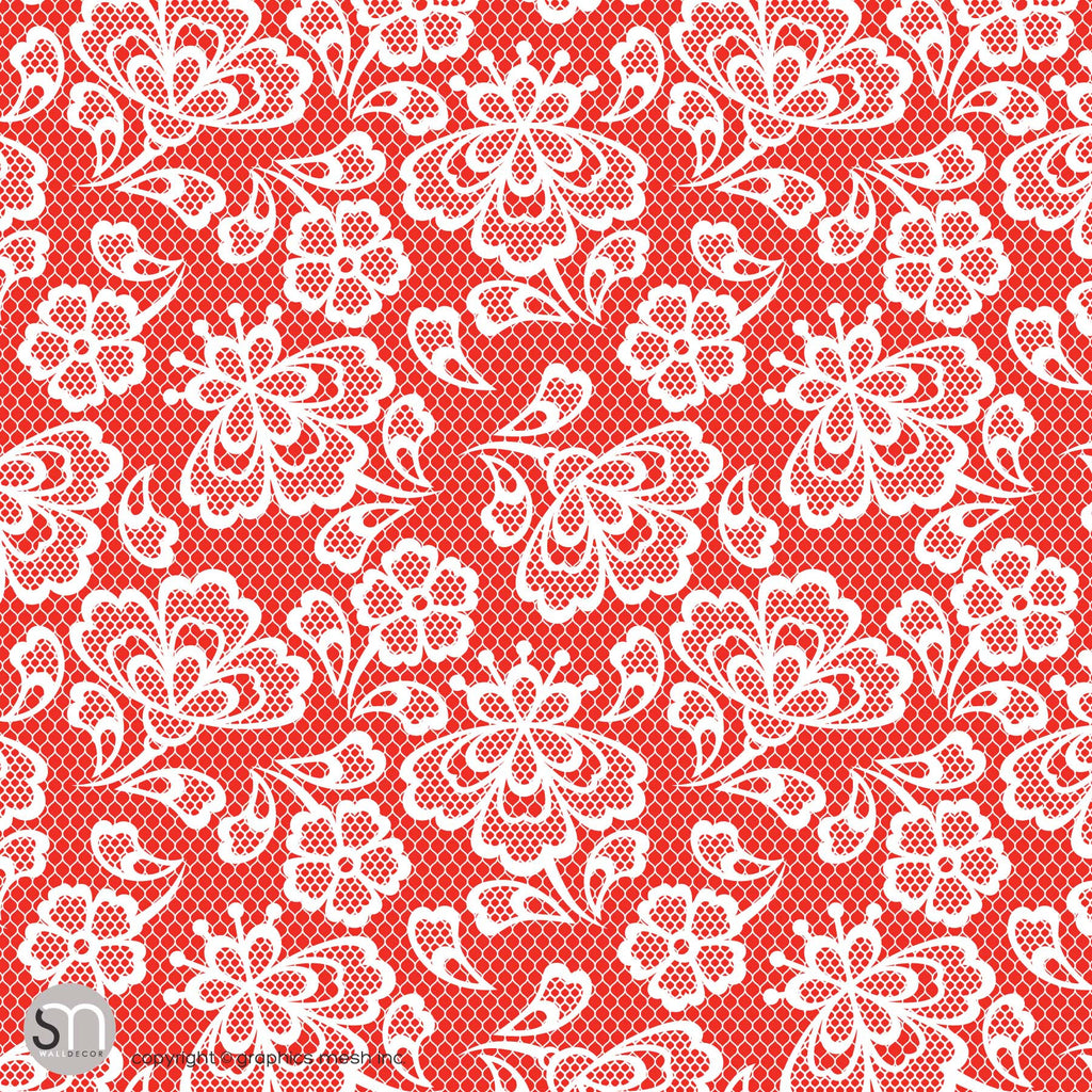Floral Embroidery in Red Apple - Peel & Stick Abstract Wallpaper