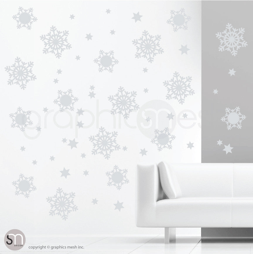 CHRISTMAS SNOWFLAKES & STARS - Holiday Wall Decals Grey