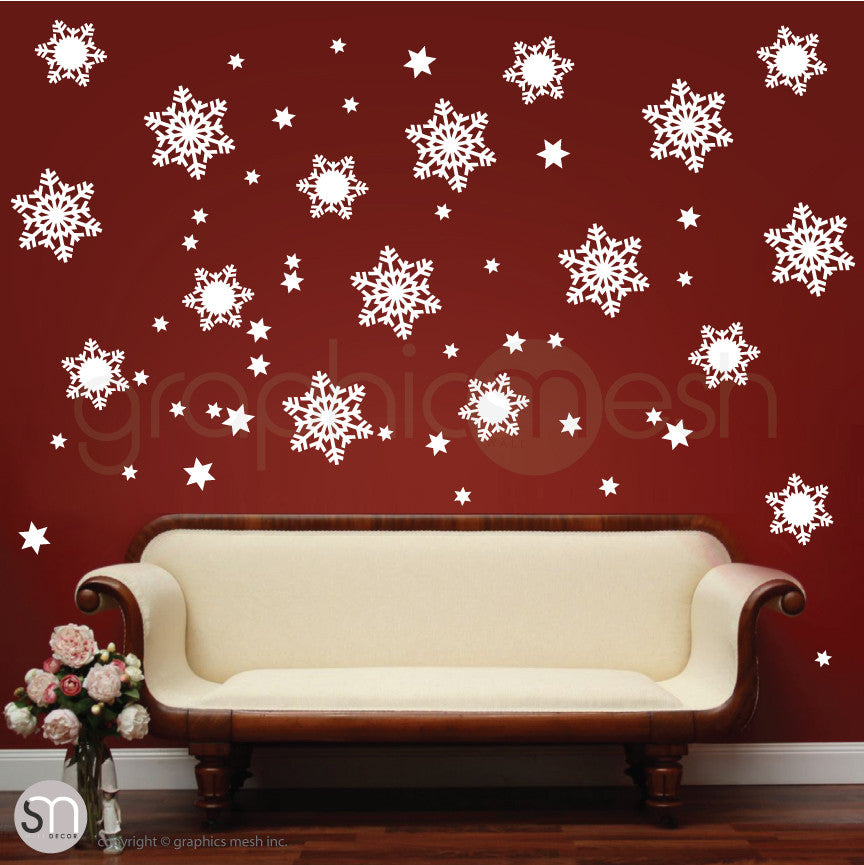 CHRISTMAS SNOWFLAKES & STARS - Holiday Wall Decals White