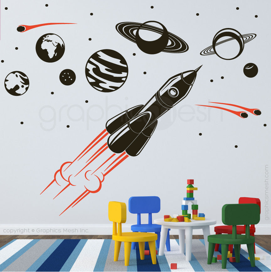 ADVENTURE IN SPACE - SOLAR SYSTEM & SPACESHIP wall decals black and orange