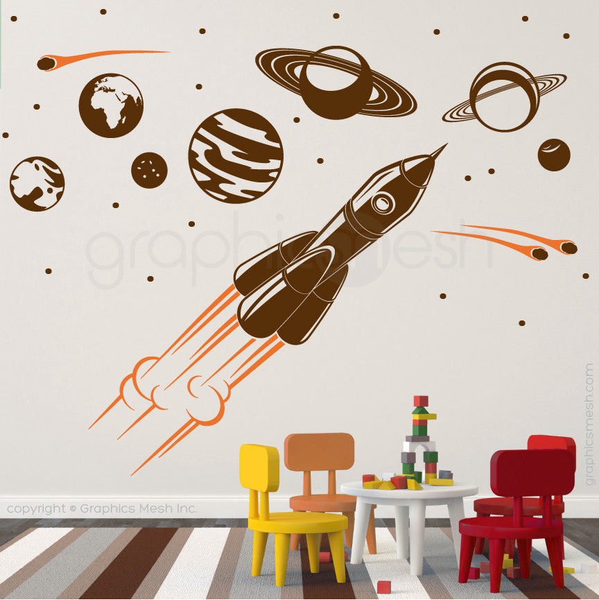 ADVENTURE IN SPACE - SOLAR SYSTEM & SPACESHIP wall decals brown and orange