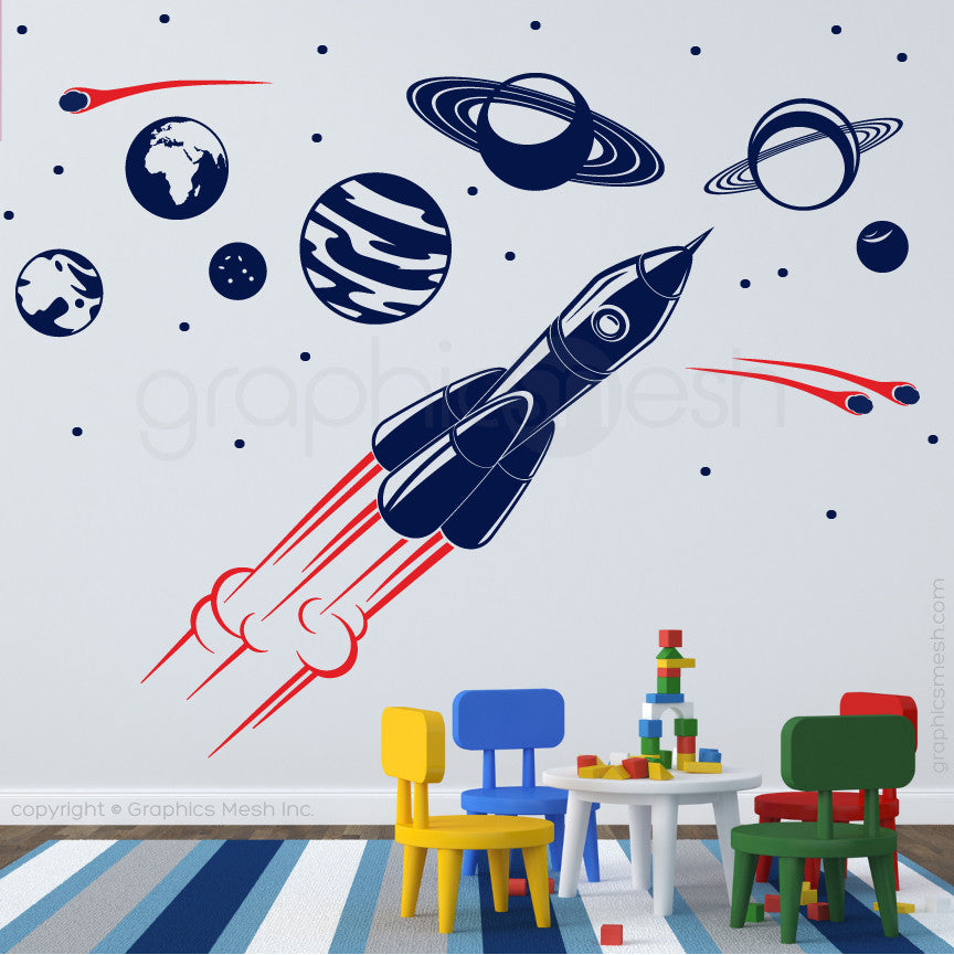ADVENTURE IN SPACE - SOLAR SYSTEM & SPACESHIP wall decals navy and red