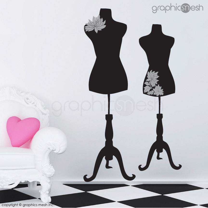 Two Mannequins for tailors with flowers - Dress form wall decals grey