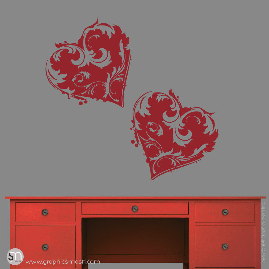 TWO FLORAL HEART - Wall Decals dark red