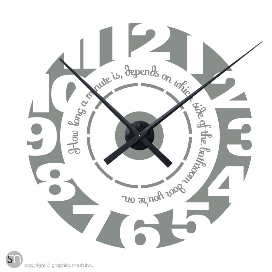 HOW LONG A MINUTE IS DEPENDS ON WHICH SIDE OF THE BATHROOM DOOR YOU'RE ON - clock wall decals
