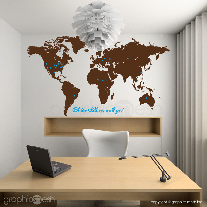 "Oh the places we'll go" World Map with Pins - Wall decals brown and blue