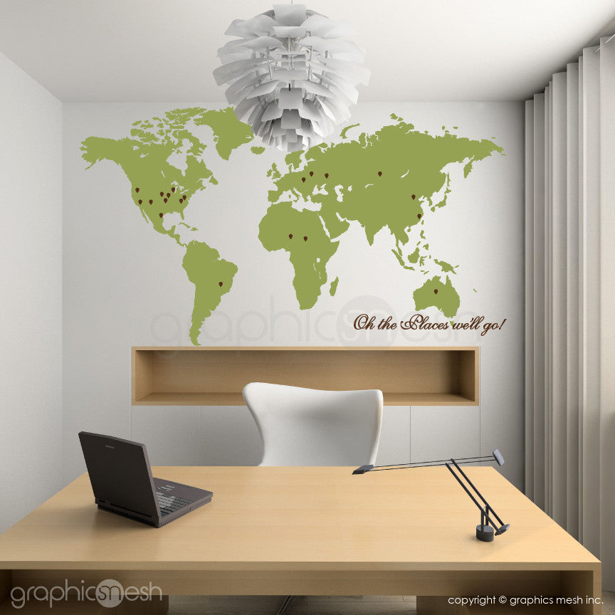 "Oh the places we'll go" World Map with Pins - Wall decals olive