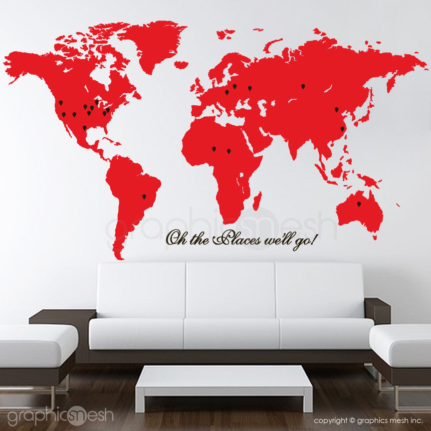 "Oh the places we'll go" World Map with Pins - Wall decals red and black