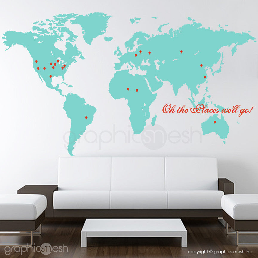 "Oh the places we'll go" World Map with Pins - Wall decals aqua and red