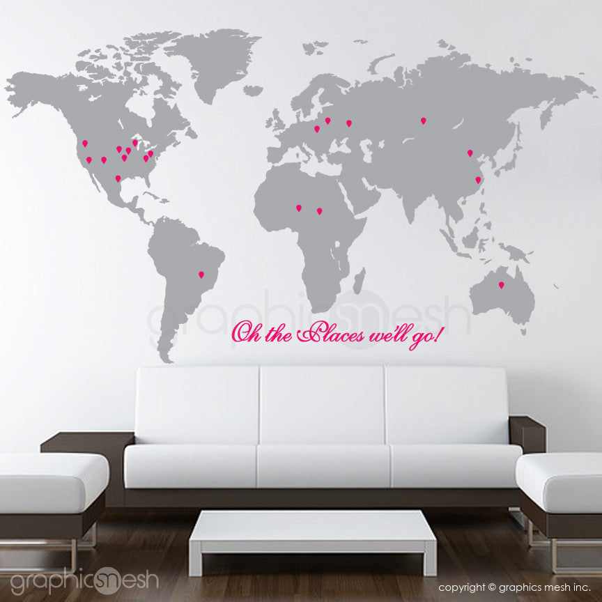 "Oh the places we'll go" World Map with Pins - Wall decals grey and pink