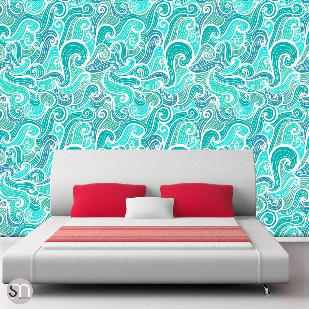 AQUA ABSTRACT WAVES - Peel & Stick Wallpaper