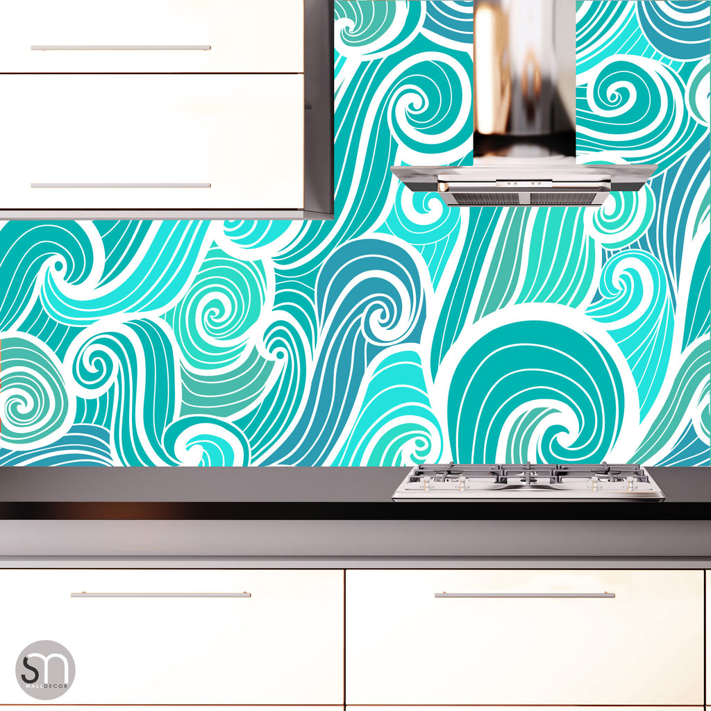 AQUA ABSTRACT WAVES - Peel & Stick Wallpaper kitchen