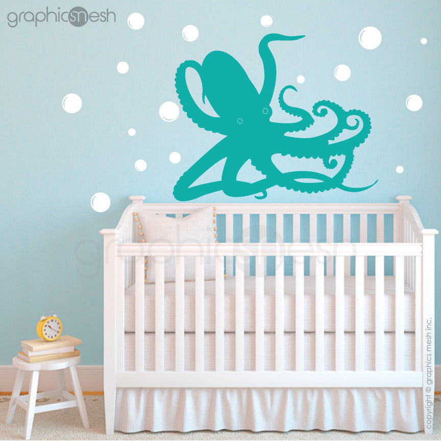 OCTOPUS UNDERWATER WITH BUBBLES - aqua wall decals