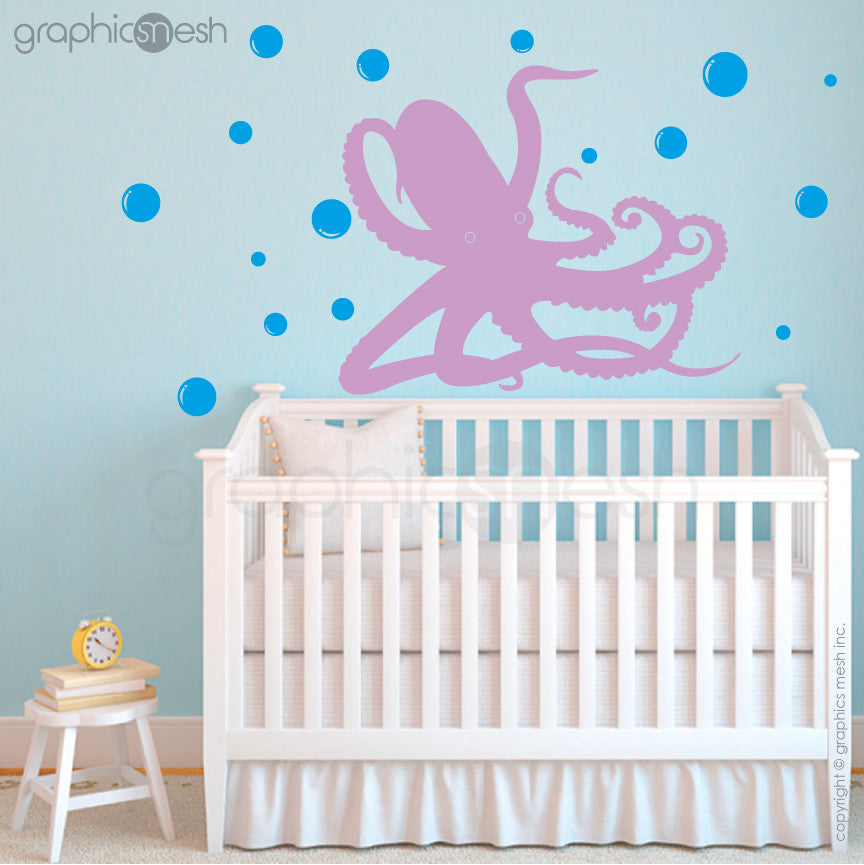 OCTOPUS UNDERWATER WITH BUBBLES - lavender wall decals